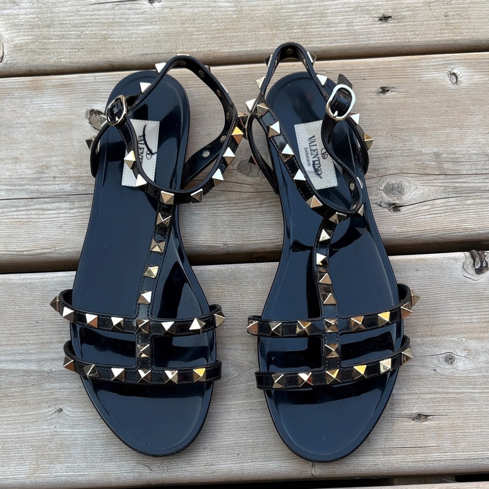 Valentino Black and Gold Studded Sandals